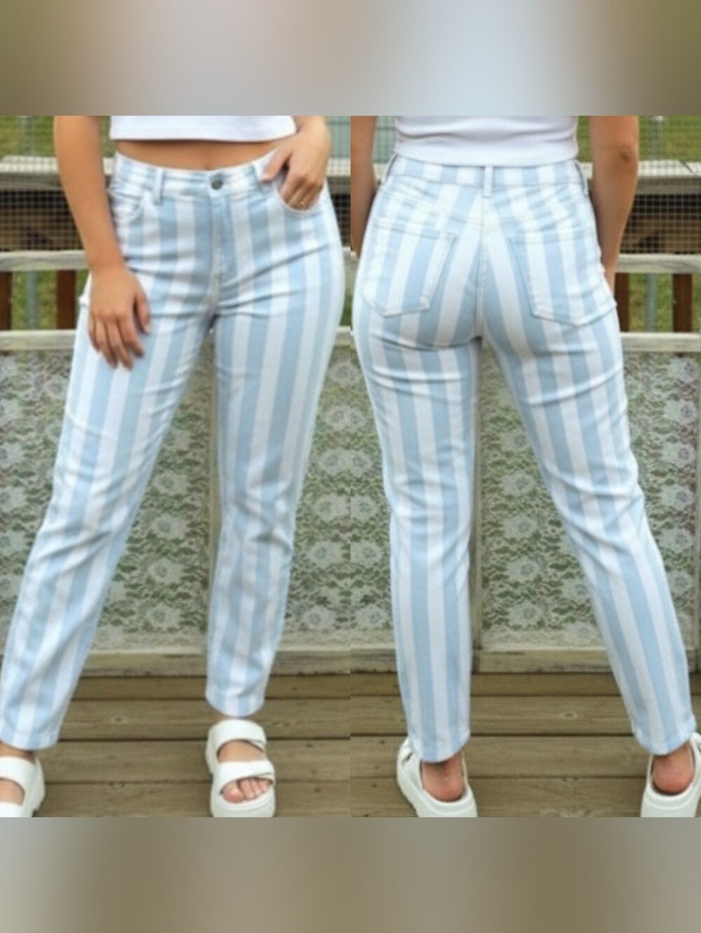 Vtg 80s airport blue white  stripe high waist paper bag oversized denim pants 10
